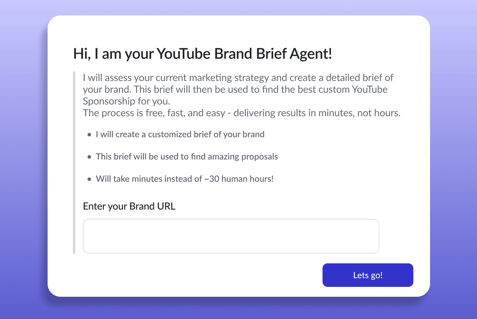 YouTube Brand Brief Agent asking for the brand URL and explaining the automated brief