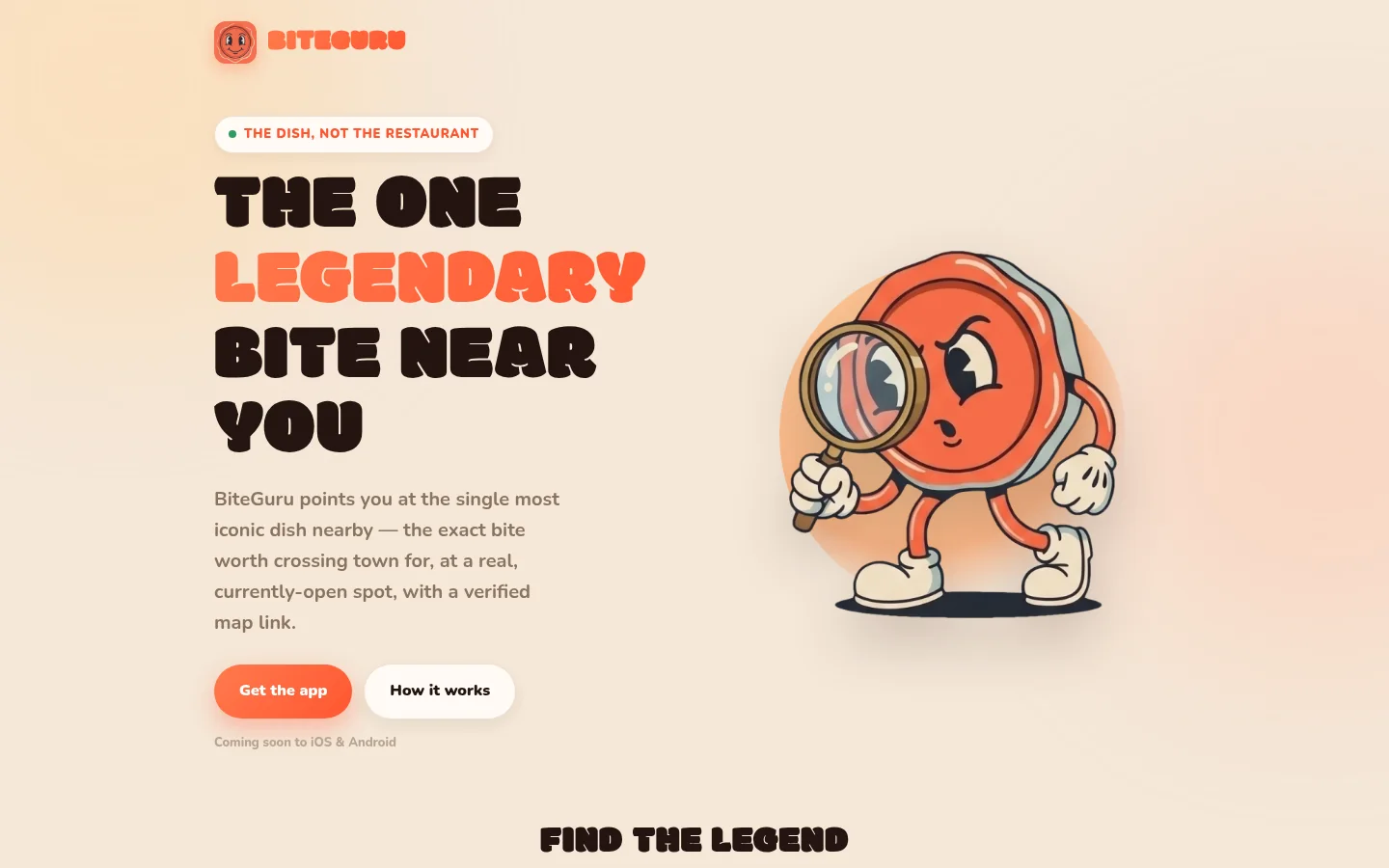 BiteGuru landing page showing its legendary local dish finder and searching mascot