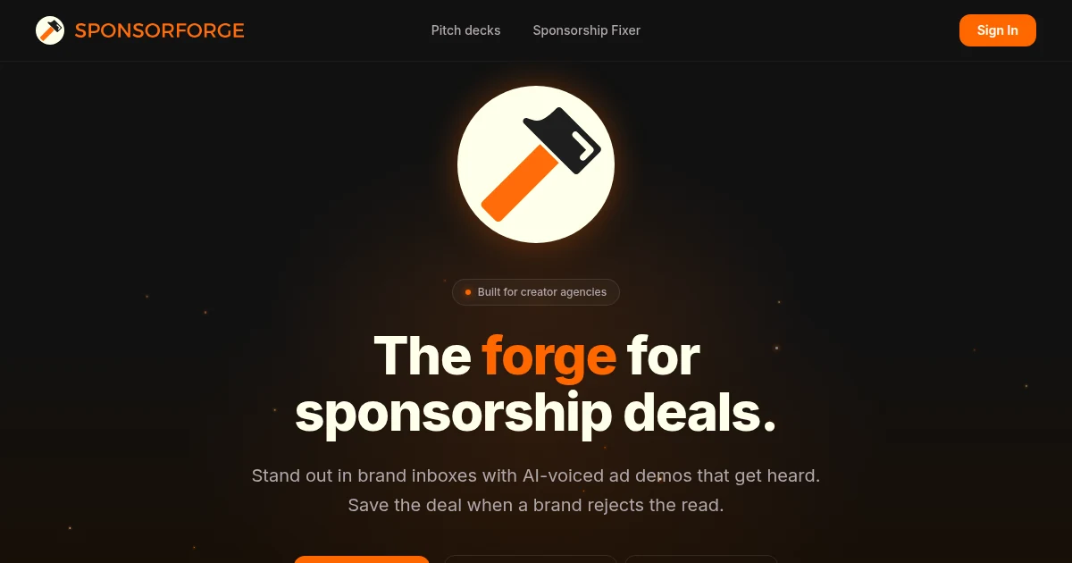 SponsorForge product landing page showing its AI sponsorship deal workflow